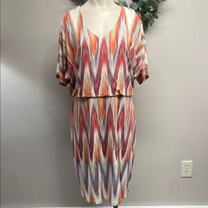 Chico’s Ikat Print Multicolor Short Sleeve Stretch Knit Dress M (Chico’s 1)